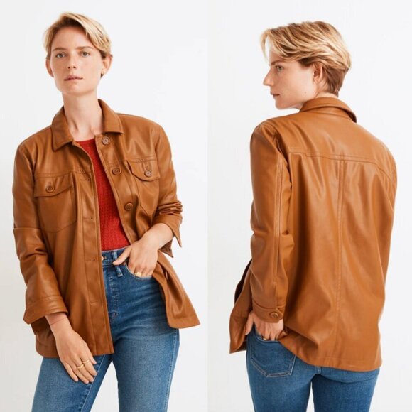 🦋 MADEWELL Brown Button Front Vegan Leather Chore Jacket Size XS - Picture 1 of 7